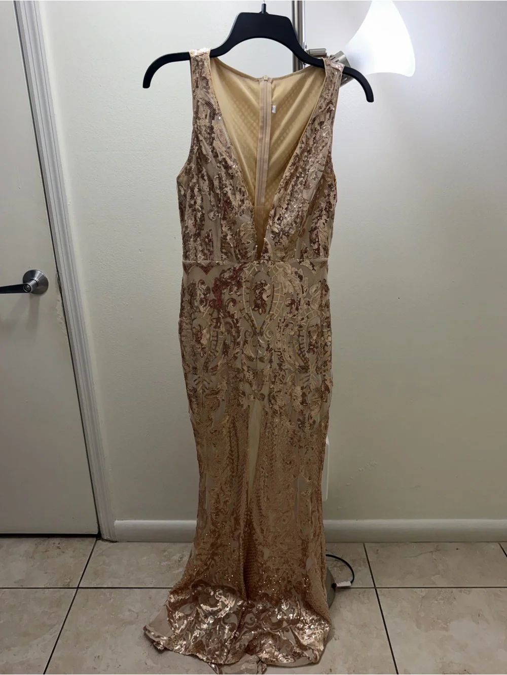 Sleeveless Gold Sequin V-Neck Evening Dress, worn once